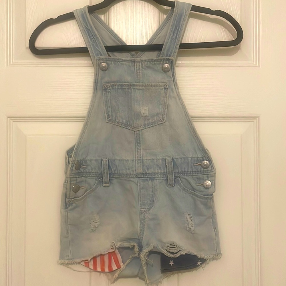 OLD NAVY Girls Size 6/7 American Flag pocketed Short Overalls